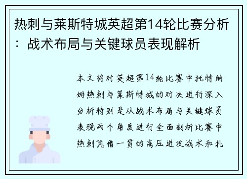 热刺与莱斯特城英超第14轮比赛分析：战术布局与关键球员表现解析